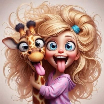 Funny Giraffe And Girl - Full Round Drill Diamond Painting 30*30CM