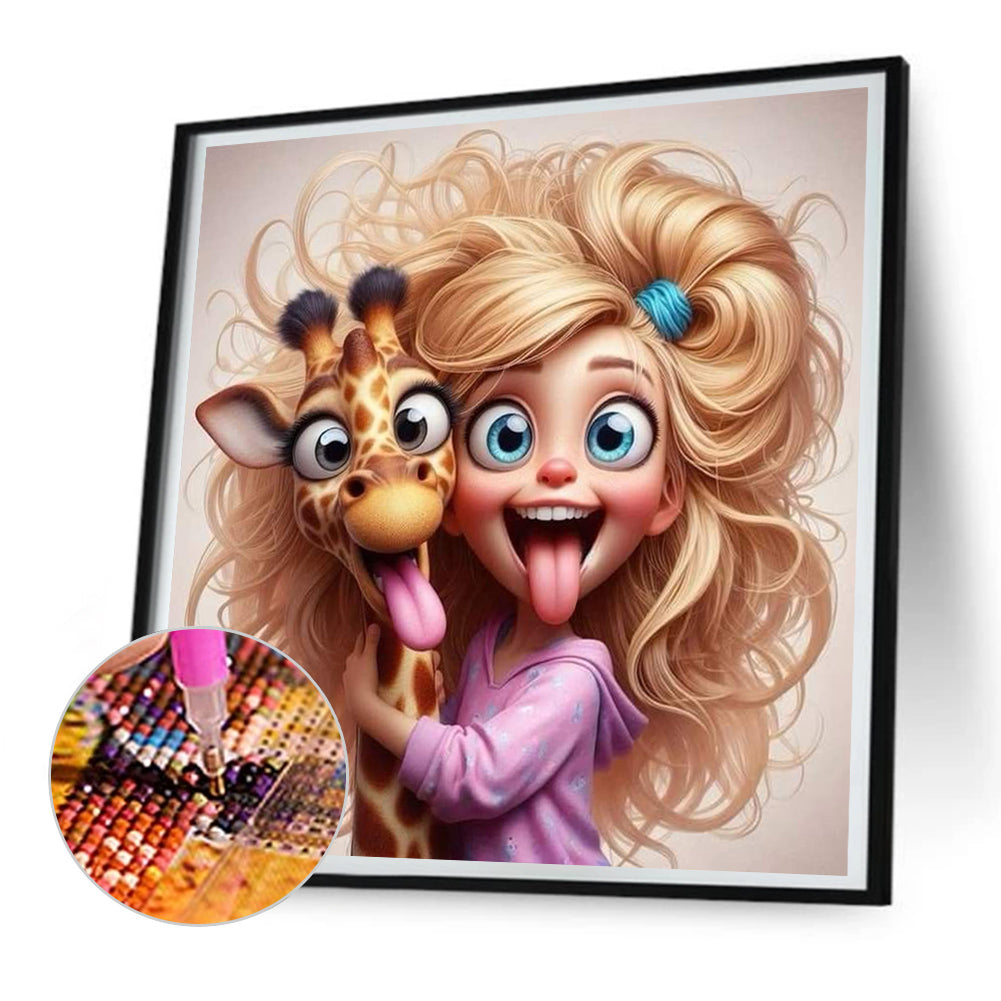 Funny Giraffe And Girl - Full Round Drill Diamond Painting 30*30CM