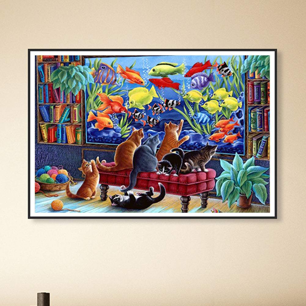 Cat Looking At Fish Tank - Full Round Drill Diamond Painting 40*60CM