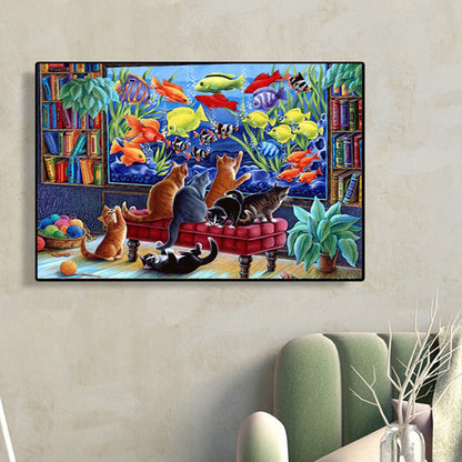 Cat Looking At Fish Tank - Full Round Drill Diamond Painting 40*60CM