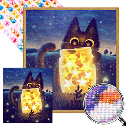 Star Vase And Black Cat At Night - Partial AB Drill Round Drill Diamond Painting 45*50CM