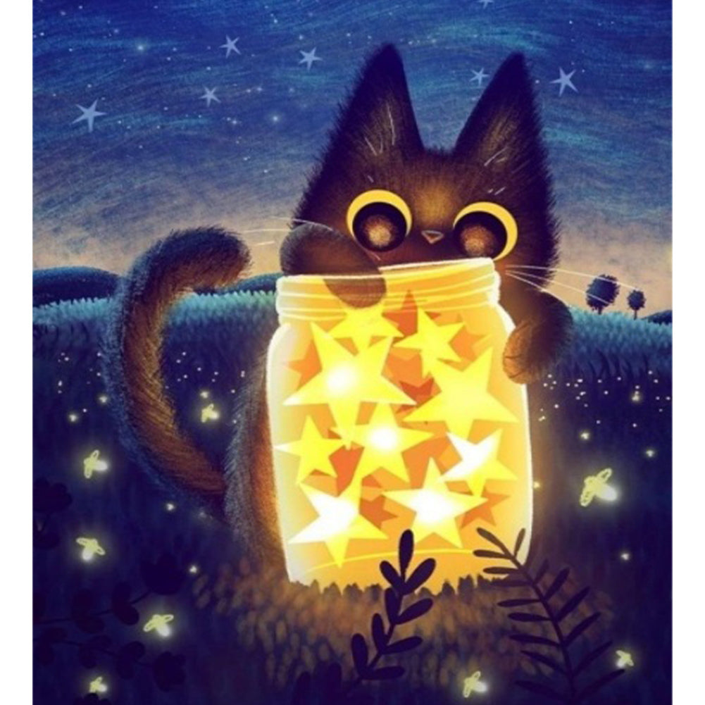 Star Vase And Black Cat At Night - Partial AB Drill Round Drill Diamond Painting 45*50CM