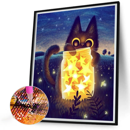 Star Vase And Black Cat At Night - Partial AB Drill Round Drill Diamond Painting 45*50CM