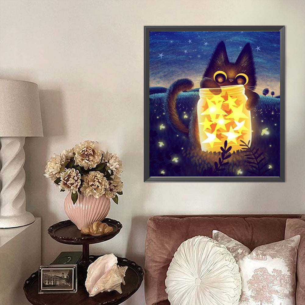 Star Vase And Black Cat At Night - Partial AB Drill Round Drill Diamond Painting 45*50CM
