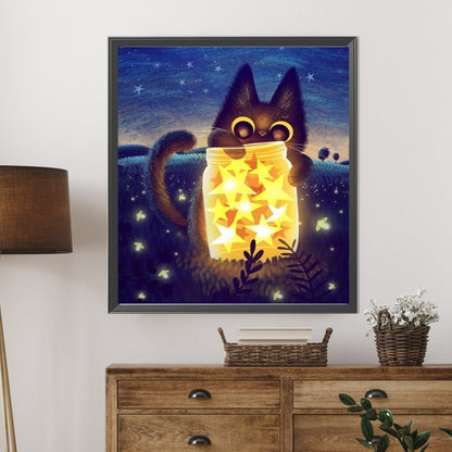 Star Vase And Black Cat At Night - Partial AB Drill Round Drill Diamond Painting 45*50CM