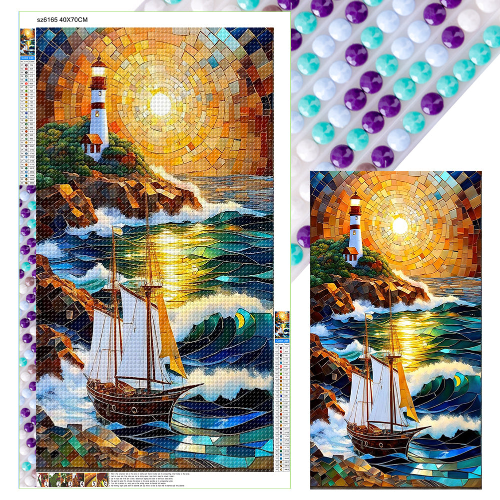 Sunrise Sailboat Lighthouse Glass Painting - Full Round Drill Diamond Painting 40*70CM