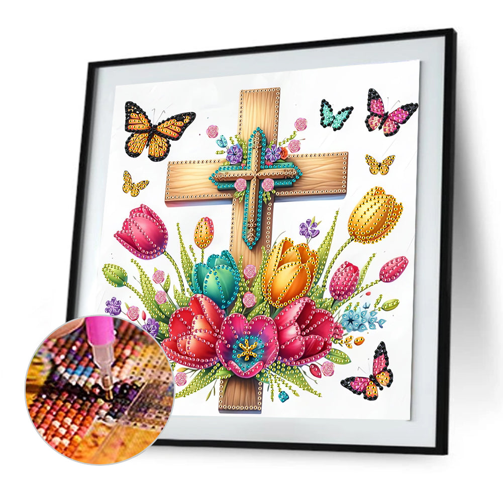 Cross And Flower - Special Shaped Drill Diamond Painting 30*30CM