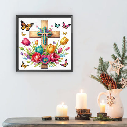 Cross And Flower - Special Shaped Drill Diamond Painting 30*30CM