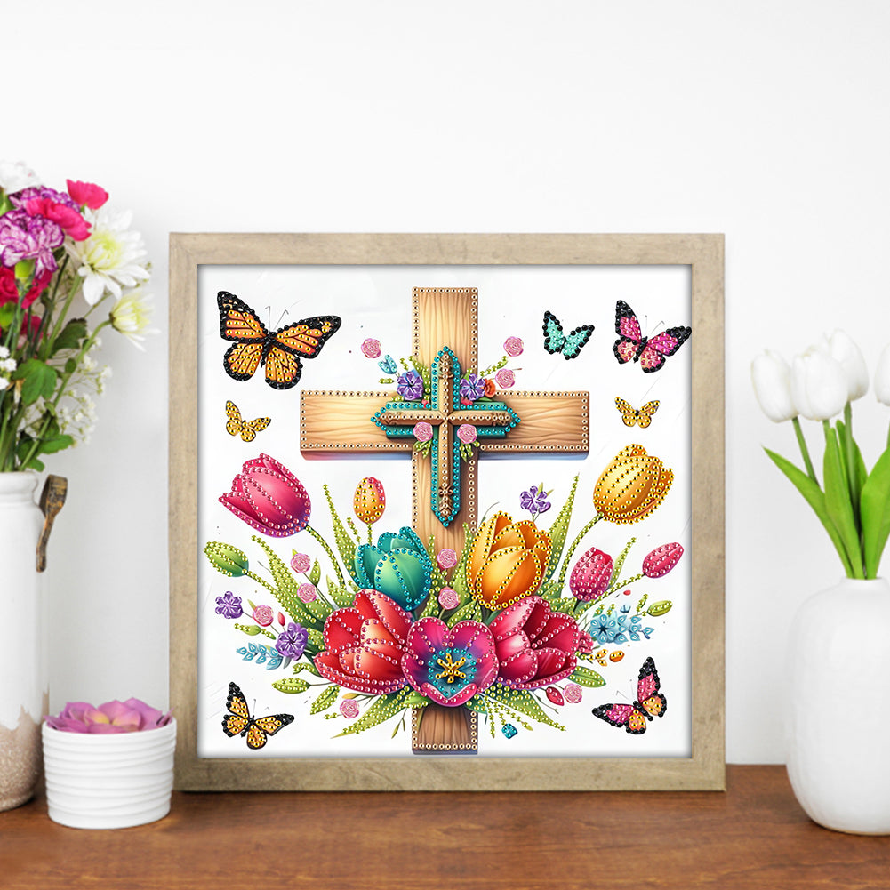 Cross And Flower - Special Shaped Drill Diamond Painting 30*30CM