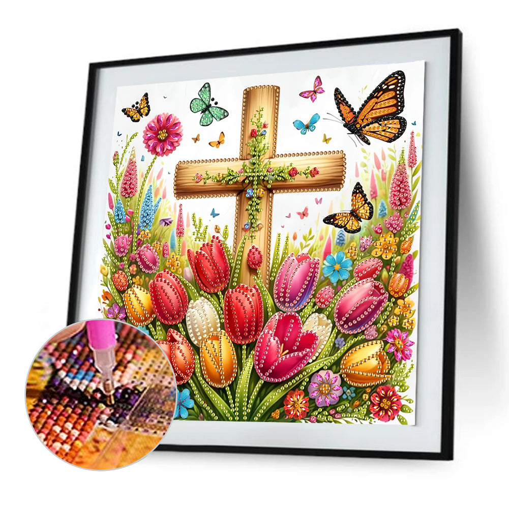 Cross And Flower - Special Shaped Drill Diamond Painting 30*30CM