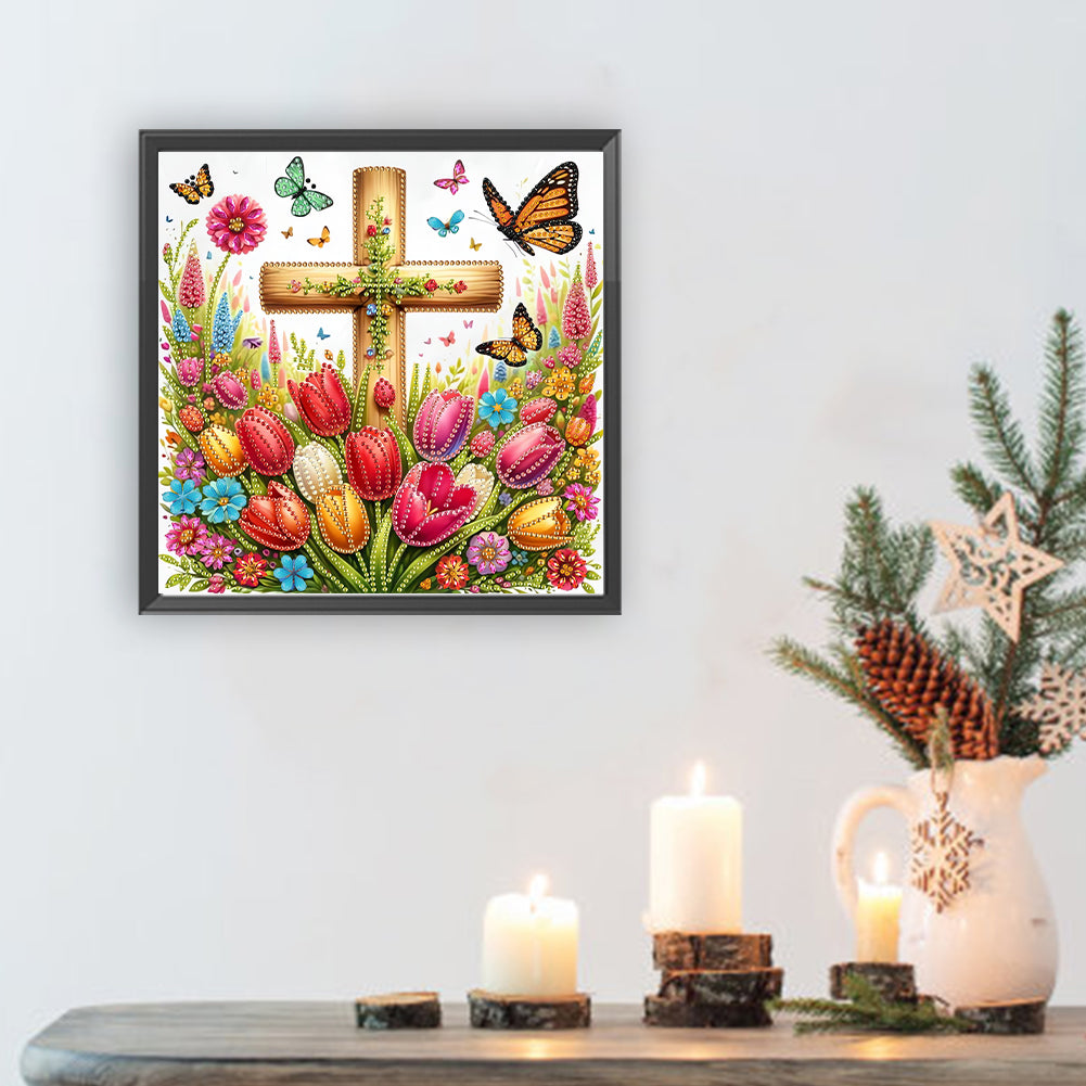 Cross And Flower - Special Shaped Drill Diamond Painting 30*30CM