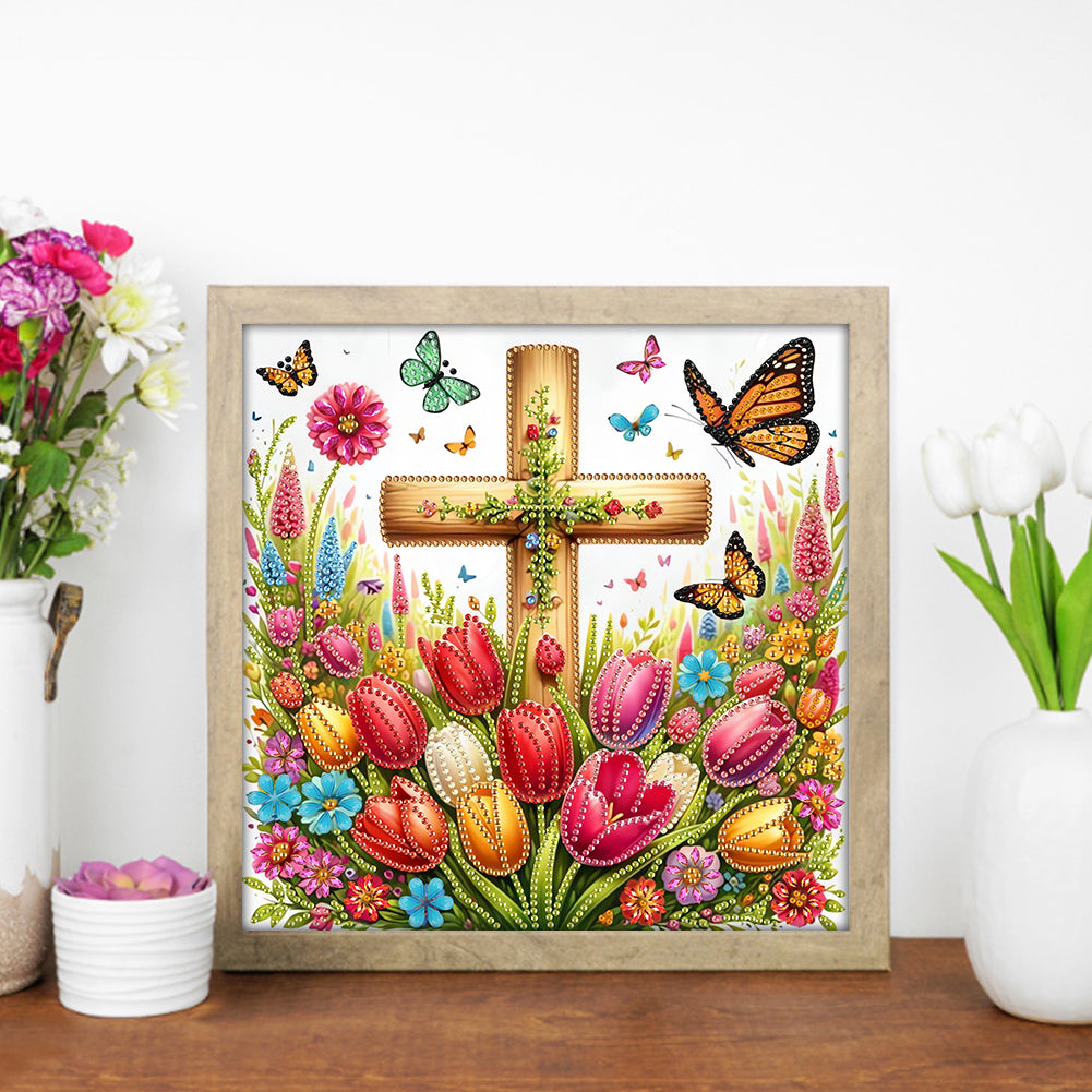 Cross And Flower - Special Shaped Drill Diamond Painting 30*30CM