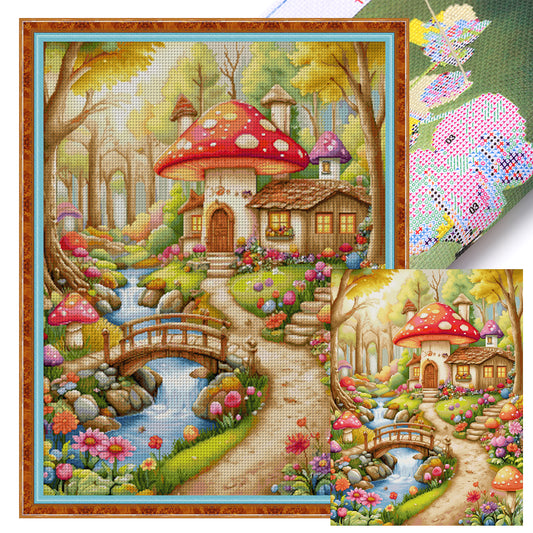 Mushroom Flower House - 14CT Stamped Cross Stitch 63*80CM (Egyptian cotton)(Spring)