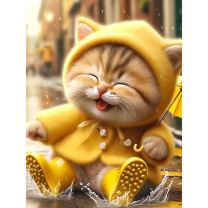 Yellow Raincoat Cat - Full Round Drill Diamond Painting 30*40CM