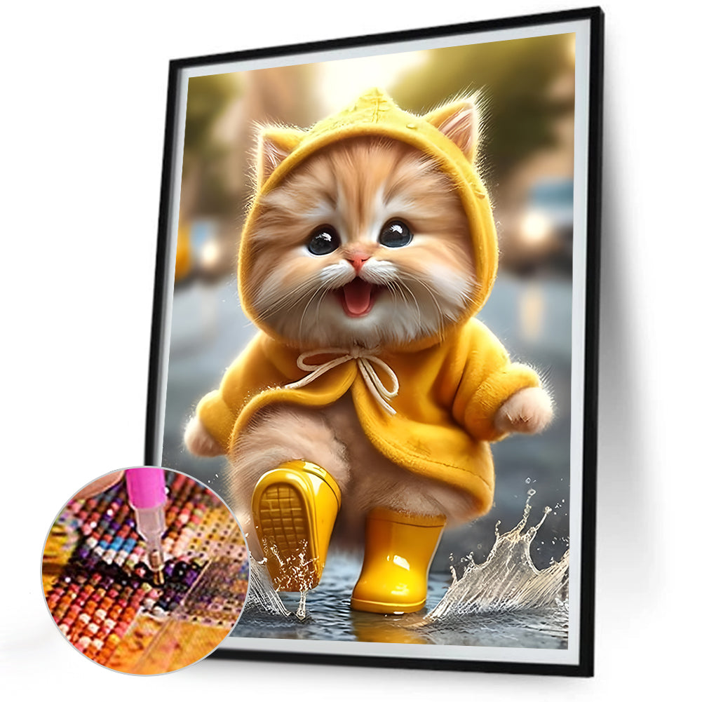 Yellow Raincoat Cat - Full Round Drill Diamond Painting 30*40CM