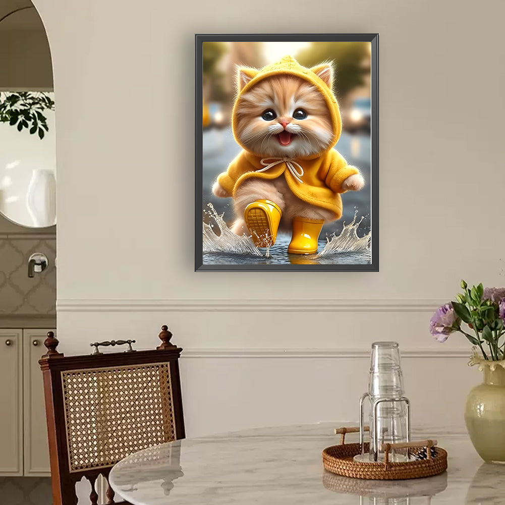 Yellow Raincoat Cat - Full Round Drill Diamond Painting 30*40CM