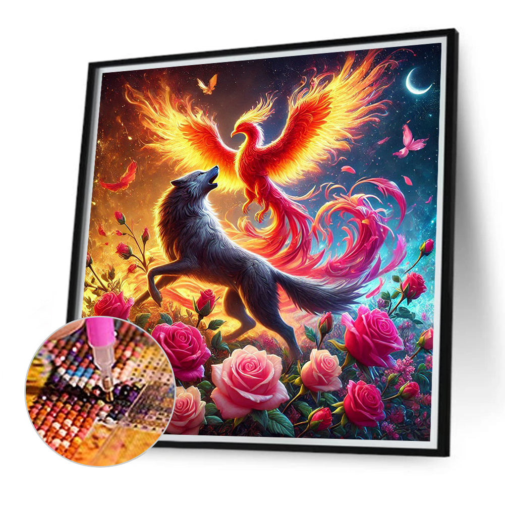Phoenix And Wolf In Rose Field - Full Round Drill Diamond Painting 40*40CM