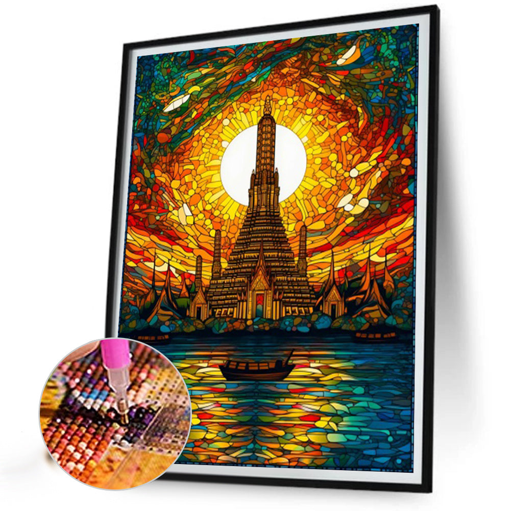 Glass Painting Of High Tower By The Water - Full AB Round Drill Diamond Painting 40*50CM