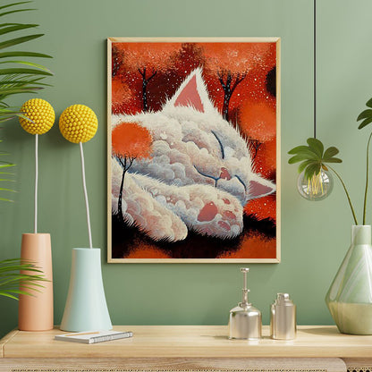 Red Tree Cloud Cat - Full Round Drill Diamond Painting 40*50CM