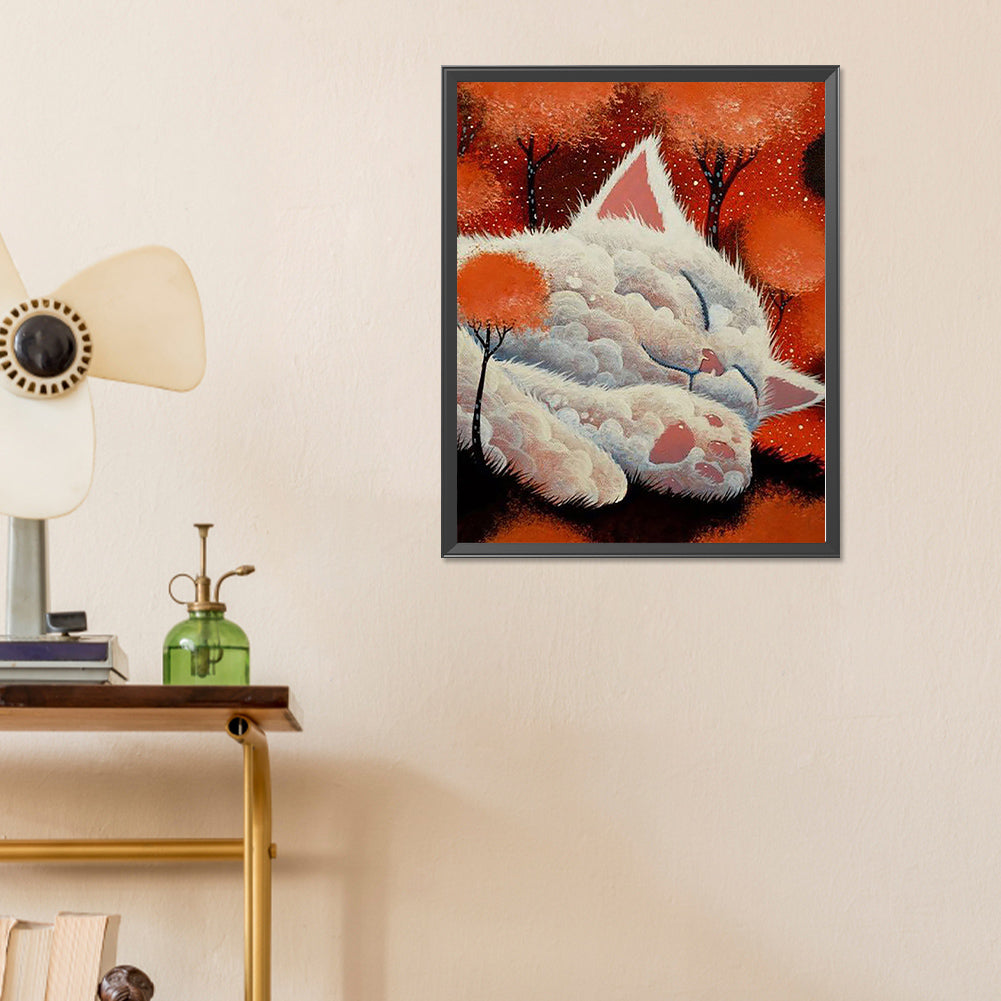 Red Tree Cloud Cat - Full Round Drill Diamond Painting 40*50CM