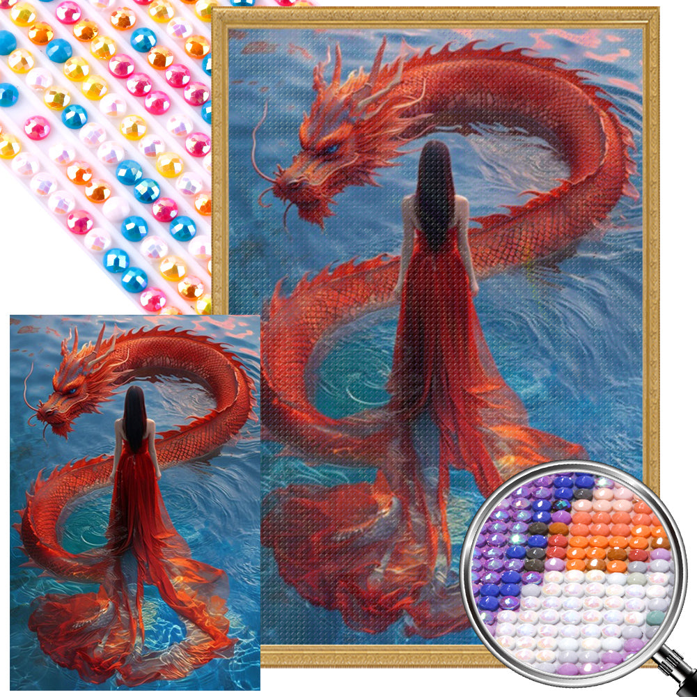Dragon And Red Skirt Girl - Full AB Round Drill Diamond Painting 40*60CM