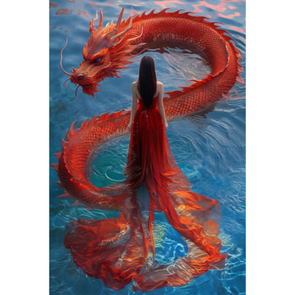 Dragon And Red Skirt Girl - Full AB Round Drill Diamond Painting 40*60CM