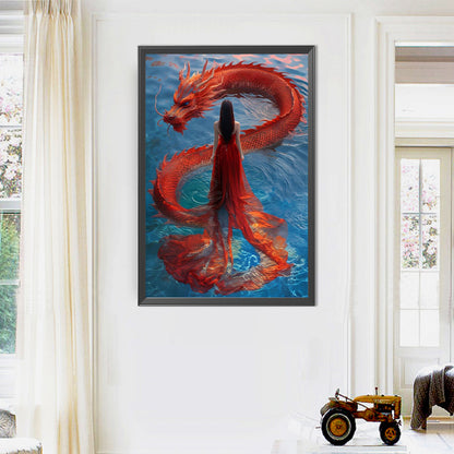 Dragon And Red Skirt Girl - Full AB Round Drill Diamond Painting 40*60CM