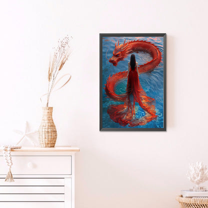 Dragon And Red Skirt Girl - Full AB Round Drill Diamond Painting 40*60CM