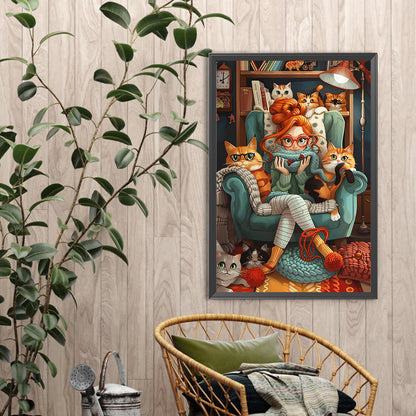 Cat And Girl - Full Round Drill Diamond Painting 40*60CM