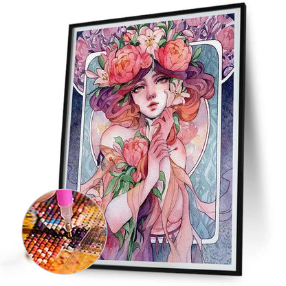 Pink Flower Girl - Full Round Drill Diamond Painting 40*50CM