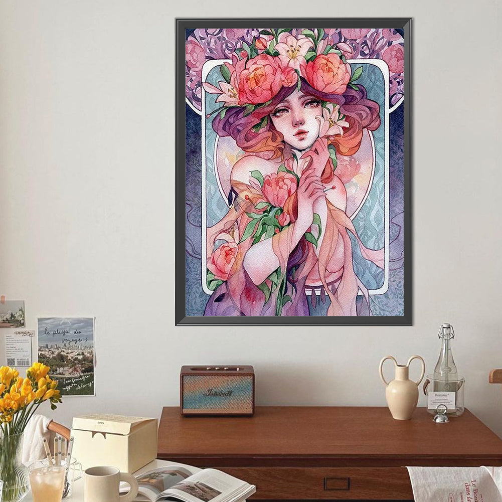 Pink Flower Girl - Full Round Drill Diamond Painting 40*50CM