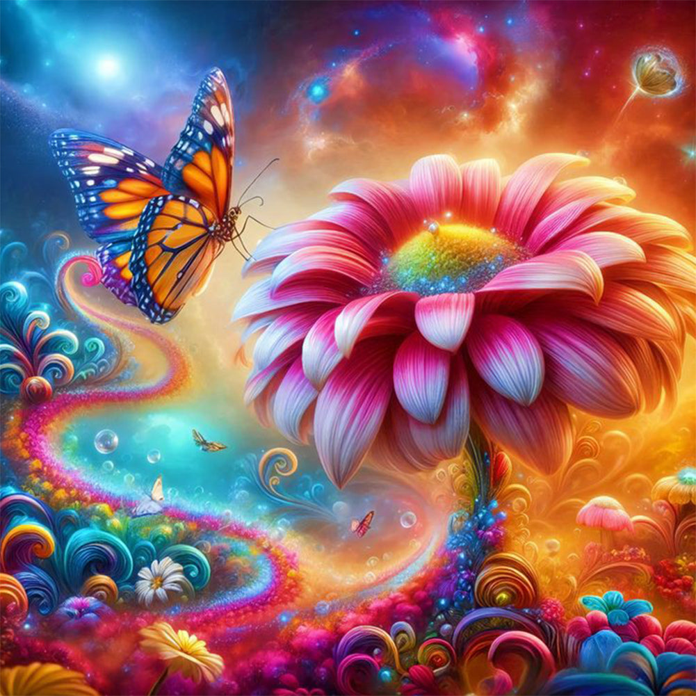 Flower And Butterfly - Full Round Drill Diamond Painting 30*30CM
