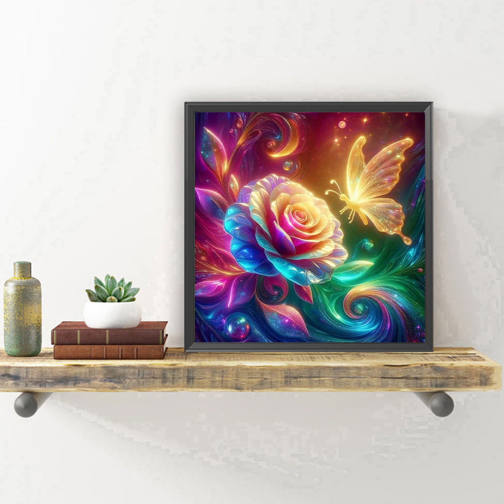 Rose And Glowing Butterfly - Full Round Drill Diamond Painting 30*30CM