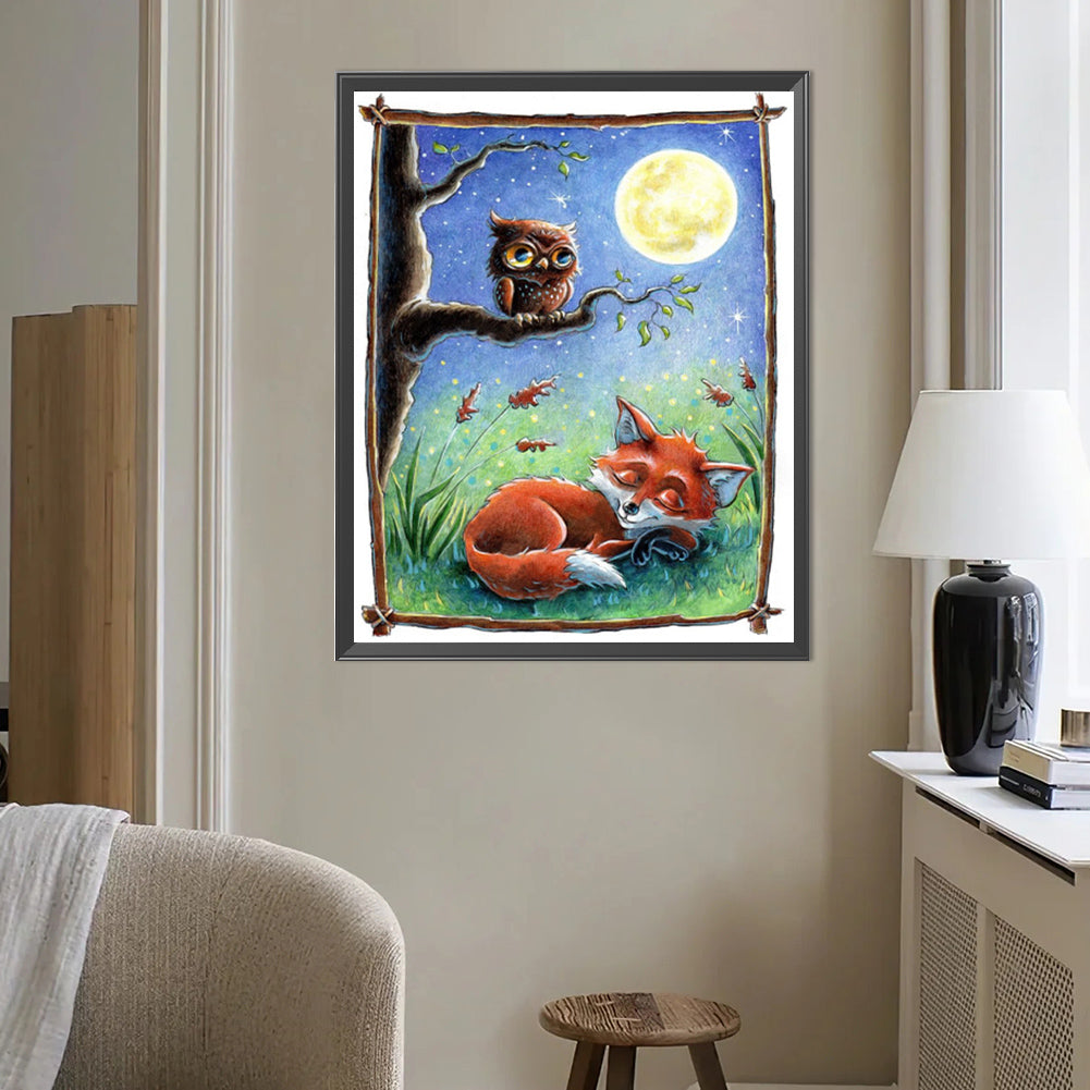 Owl And Fox Under The Moon - Full AB Round Drill Diamond Painting 40*50CM