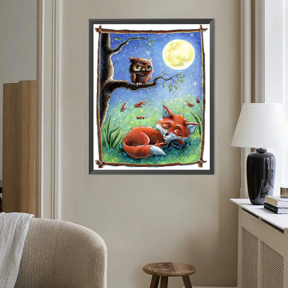 Owl And Fox Under The Moon - Full AB Round Drill Diamond Painting 40*50CM