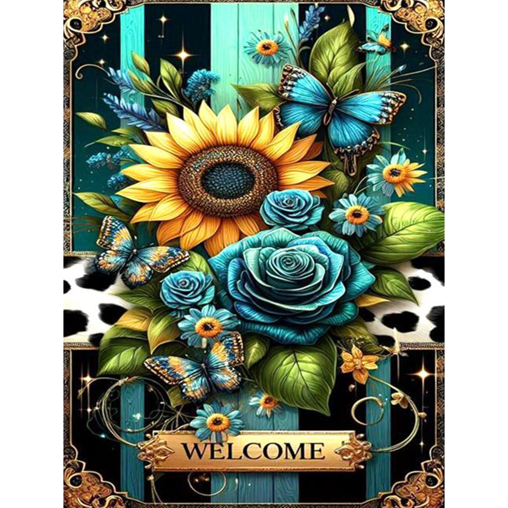 Sunflower Butterfly Blue Rose - Full Round Drill Diamond Painting 30*40CM