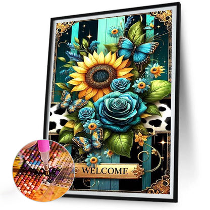Sunflower Butterfly Blue Rose - Full Round Drill Diamond Painting 30*40CM