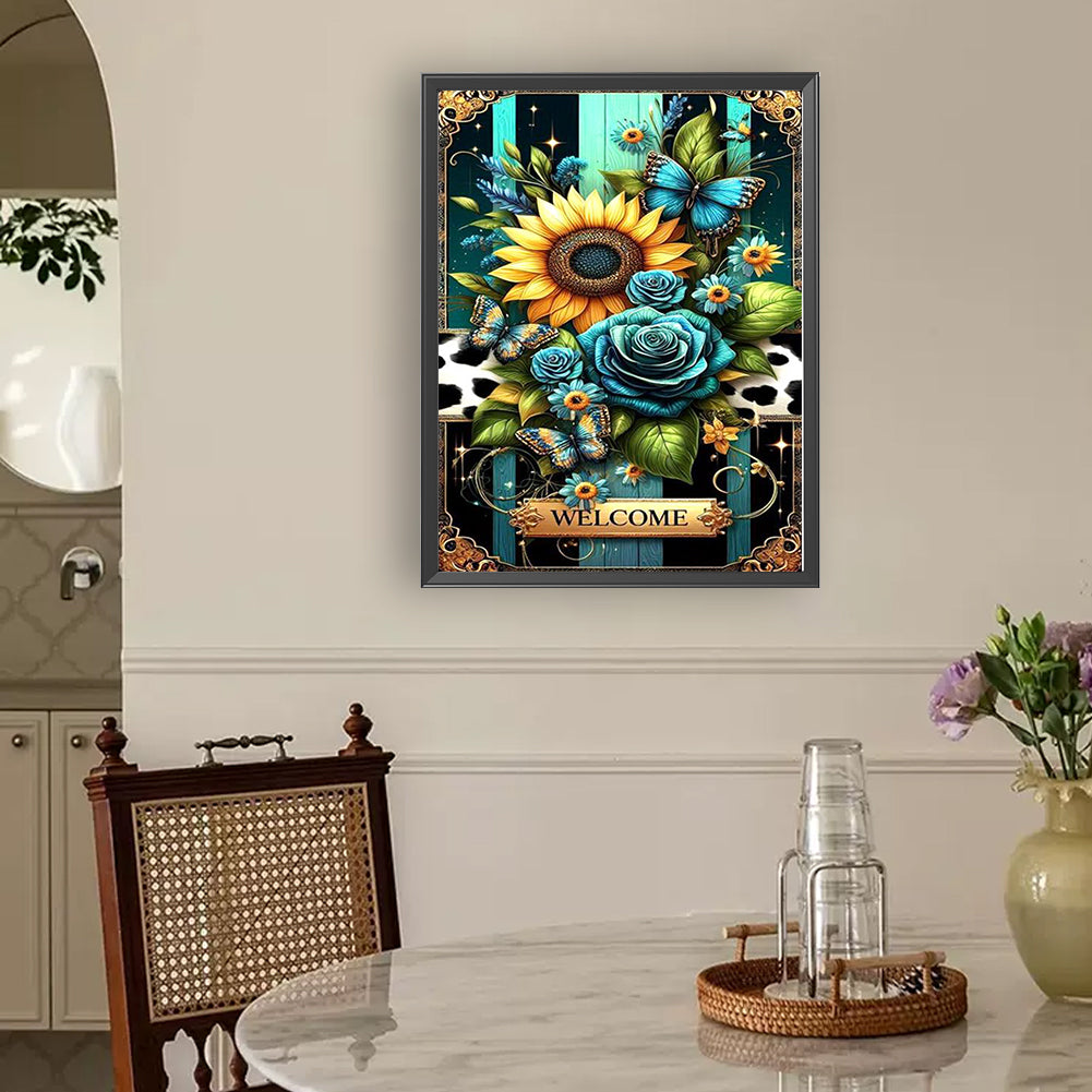 Sunflower Butterfly Blue Rose - Full Round Drill Diamond Painting 30*40CM