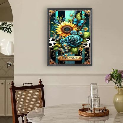 Sunflower Butterfly Blue Rose - Full Round Drill Diamond Painting 30*40CM