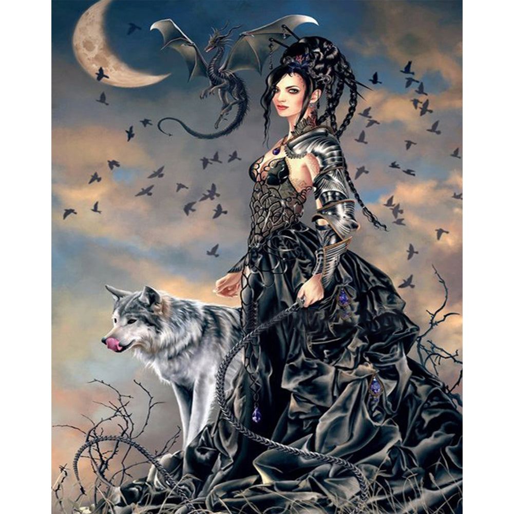 Moon Cool Girl And Wolf - Full Round Drill Diamond Painting 40*50CM
