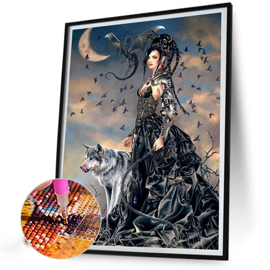 Moon Cool Girl And Wolf - Full Round Drill Diamond Painting 40*50CM