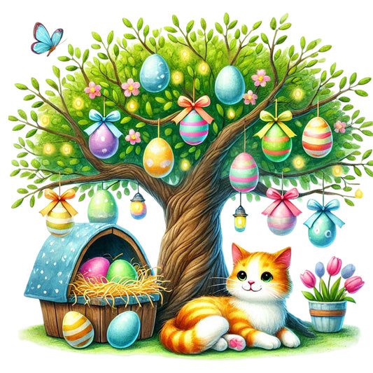 Cat Under The Tree - Full Round Drill Diamond Painting 40*40CM