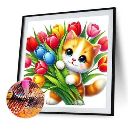 Cat And Tulip - Full Round Drill Diamond Painting 40*40CM