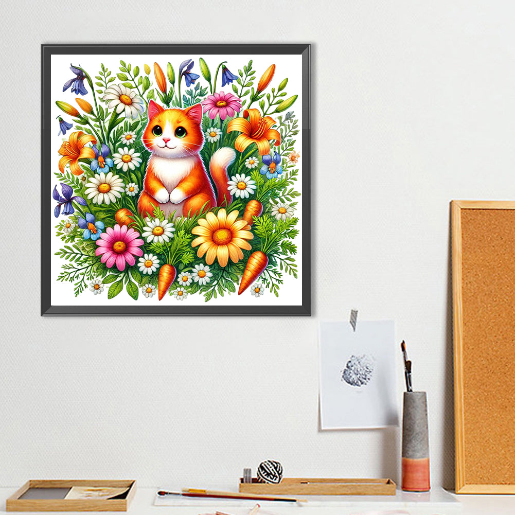 Cat In The Flowers - Full Round Drill Diamond Painting 40*40CM