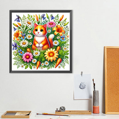 Cat In The Flowers - Full Round Drill Diamond Painting 40*40CM