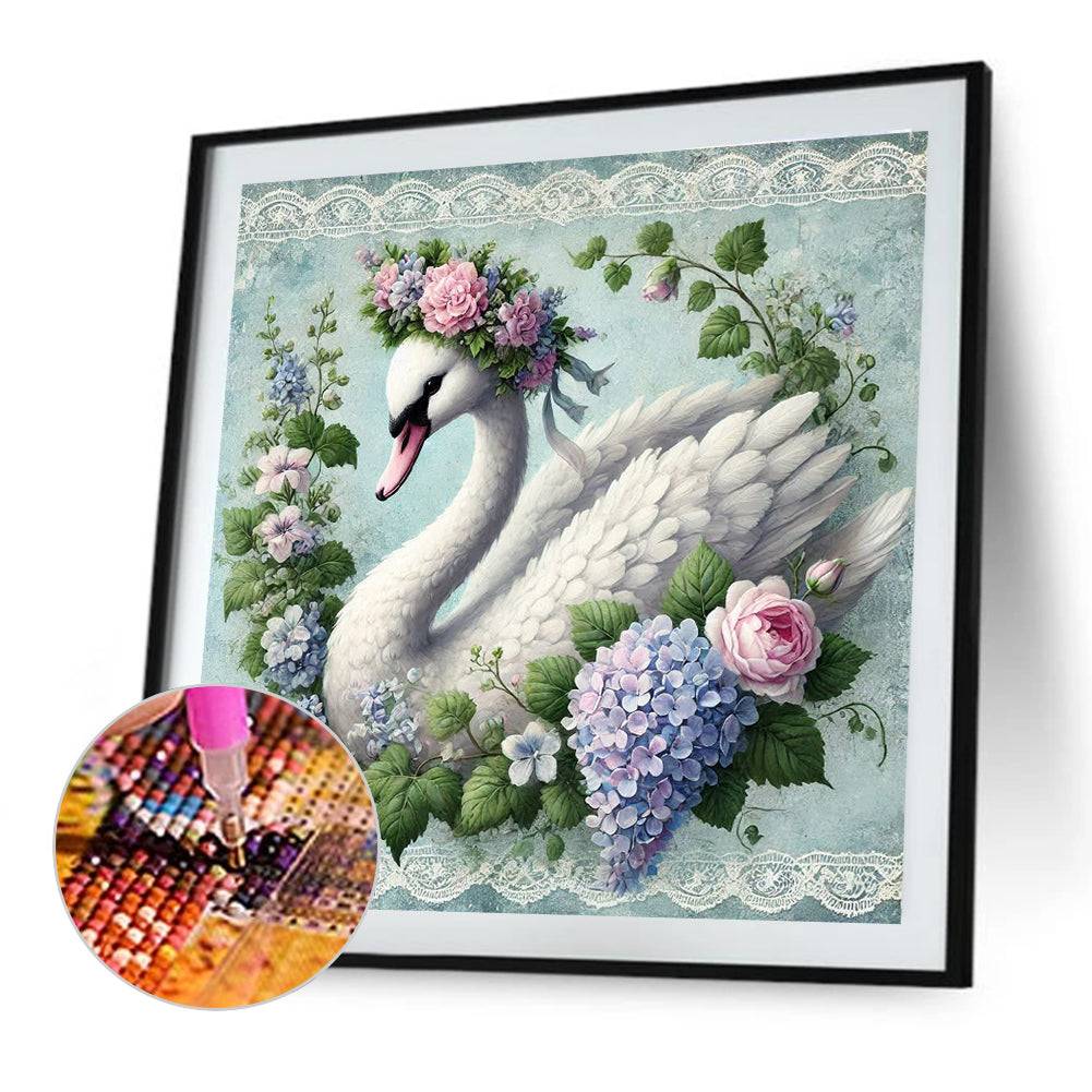White Swans In Flowers - Full Round Drill Diamond Painting 40*40CM