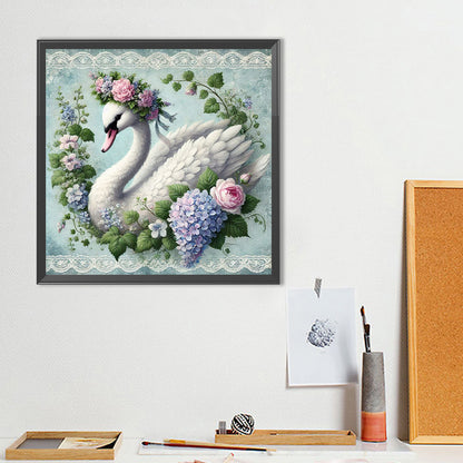 White Swans In Flowers - Full Round Drill Diamond Painting 40*40CM