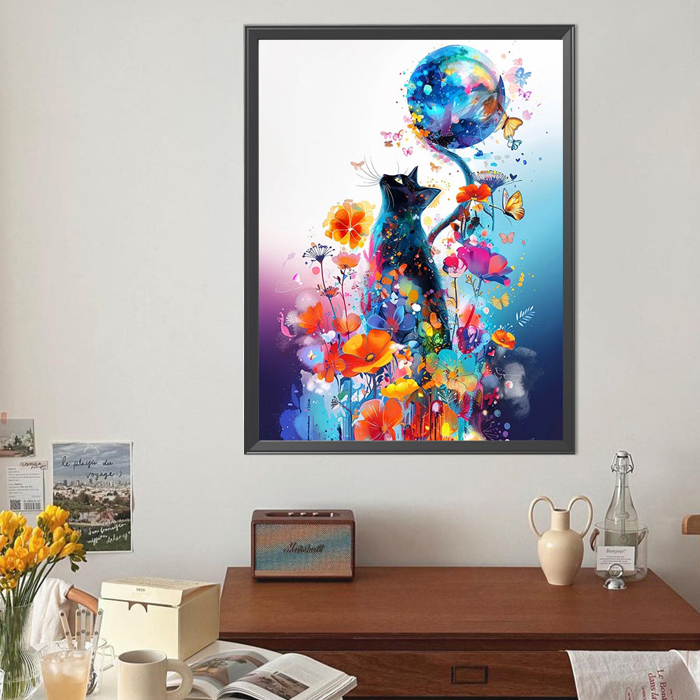 Black Cats In Flowers - Full Round Drill Diamond Painting 40*50CM