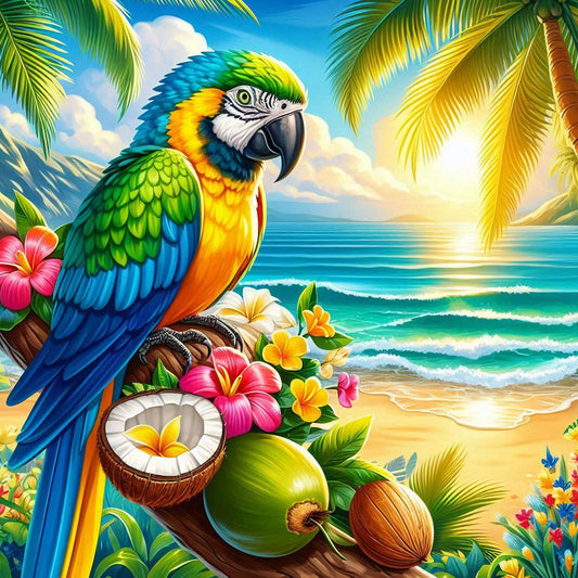Macaws In Summer Coconut Trees - Full Round Drill Diamond Painting 30*30CM