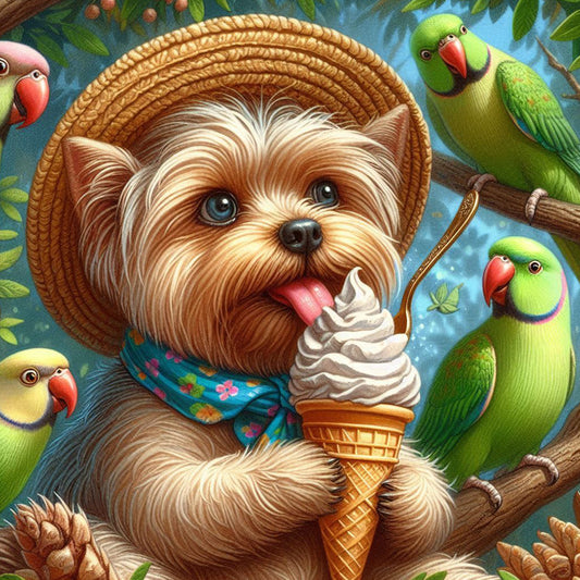 Yorkshire Parrots In Summer Straw Hats And Ice Cream - Full Round Drill Diamond Painting 30*30CM